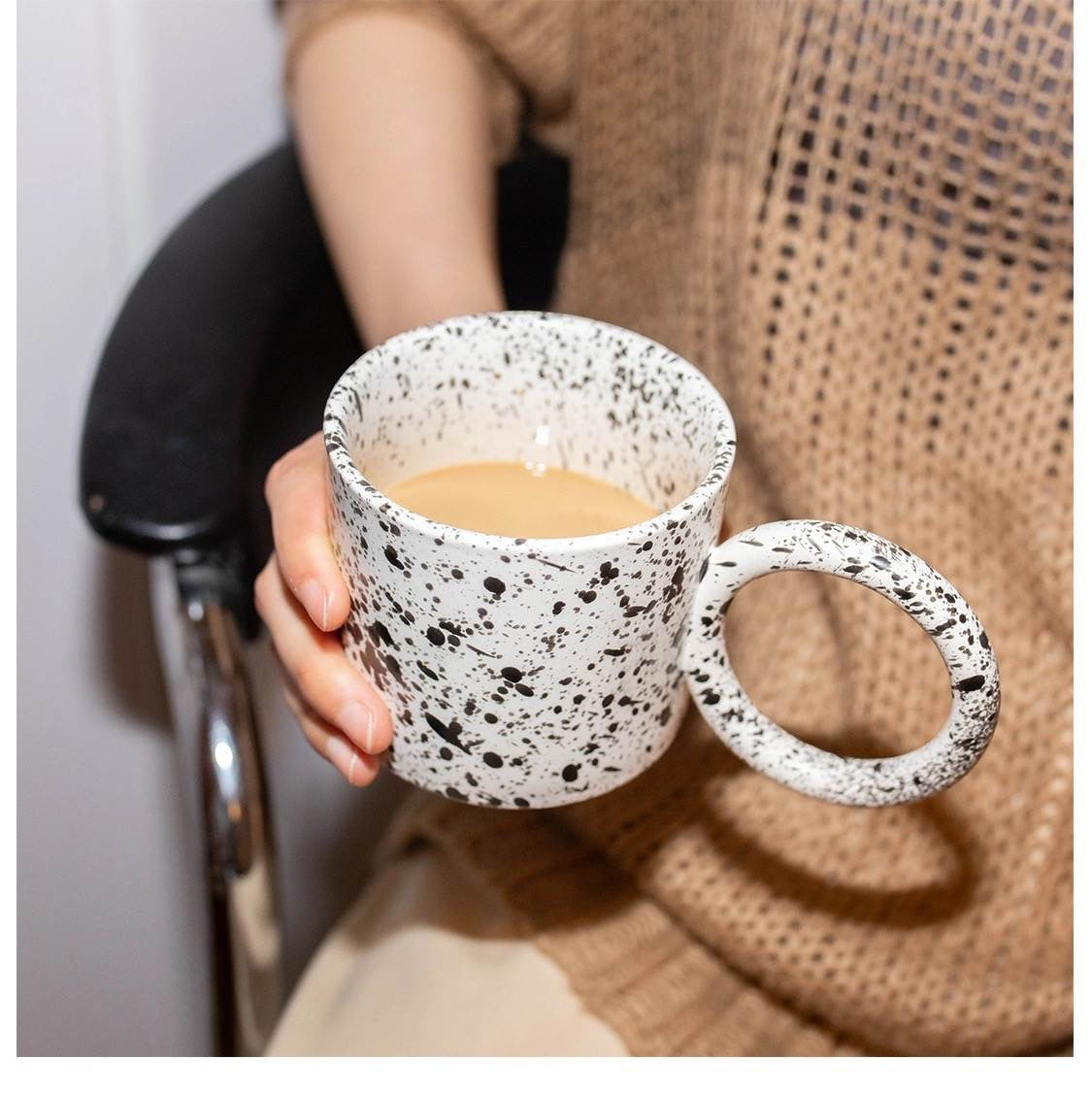 Nordic Mugs With Big Round Handle Ceramic Creative Splash-ink Cups Large  For Coffee Tea nique